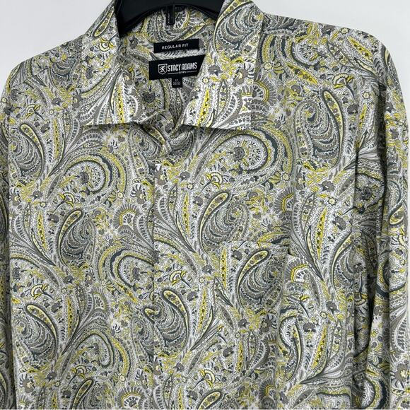 Stacy Adams Gray Yellow Paisley Longsleeve Button Up Dress Shirt Size 17 - Picture 3 of 9